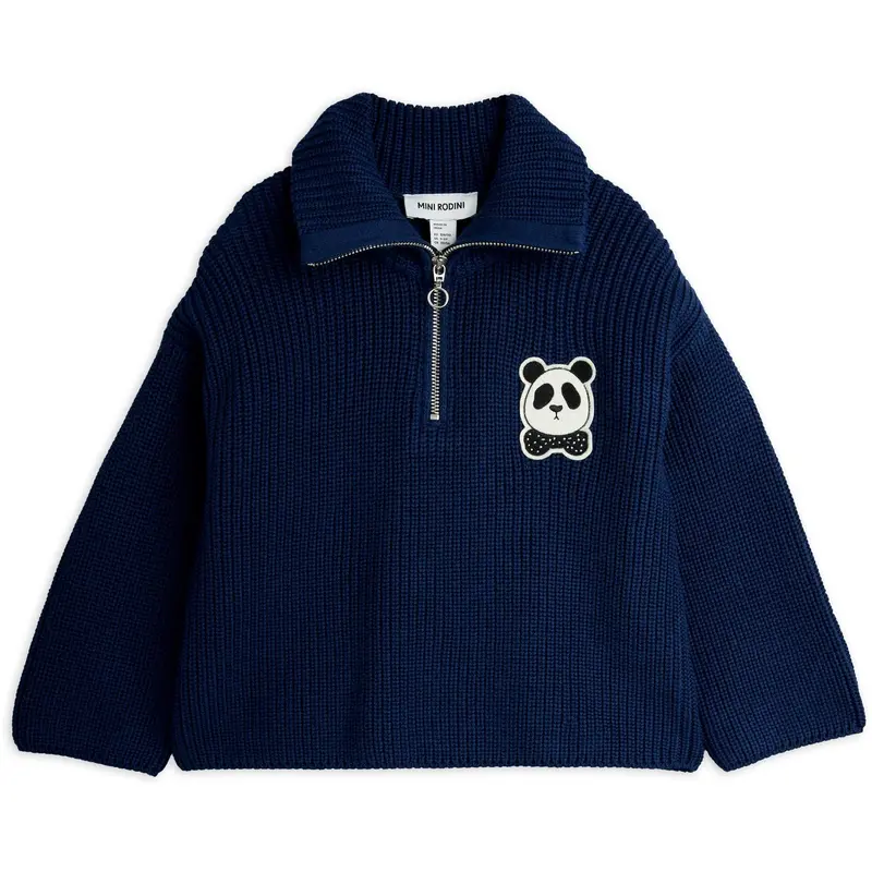Mini Rodini Blue Panda Patch Chunky Knit Half Zip Sweater 1