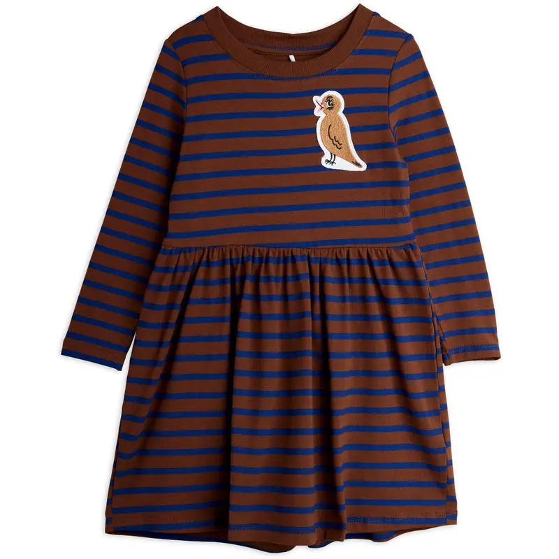 Mini Rodini Brown Stripe Bird Patch Ls Dress 1