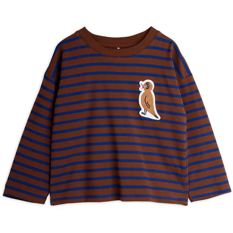 Mini Rodini Brown Stripe Bird Patch Ls Tee 1
