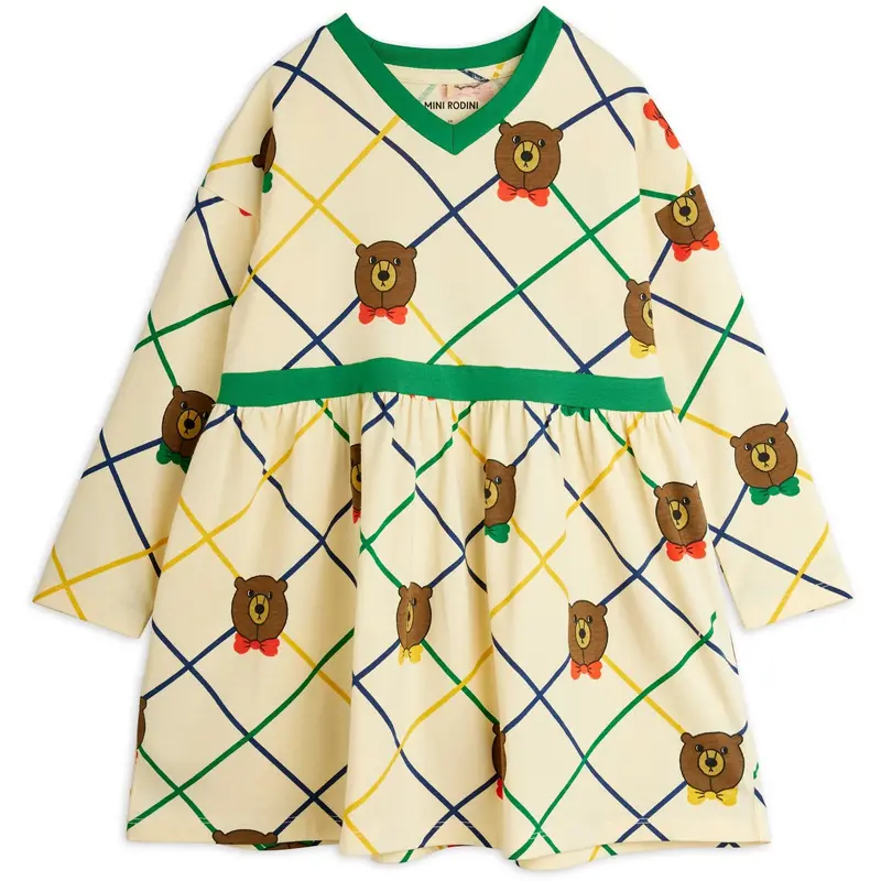 Mini Rodini Off-White Bear Check Aop Ls Dress 1