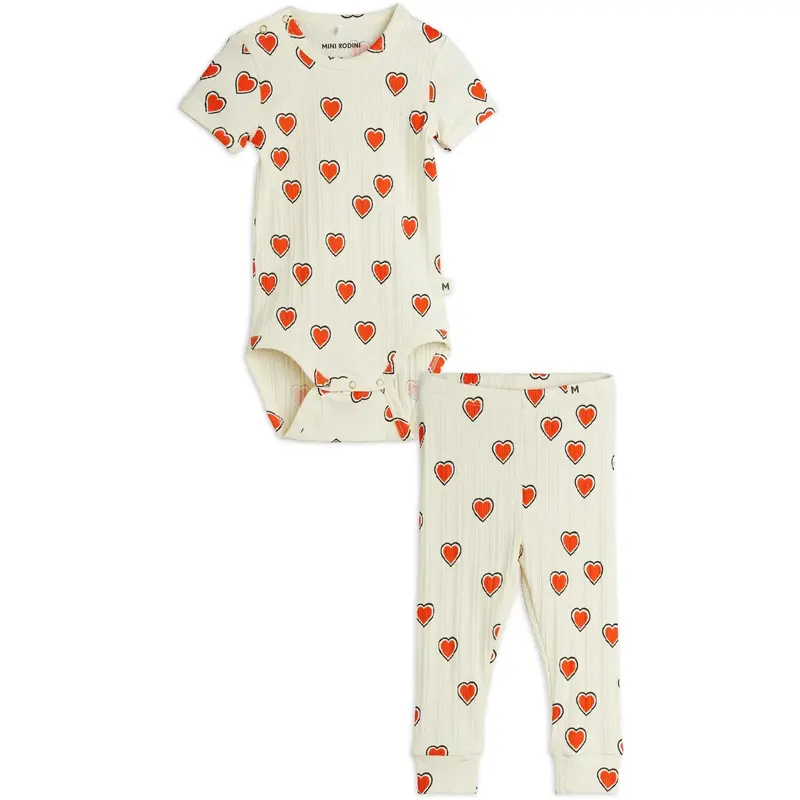 Mini Rodini Offwhite Outlined Hearts Aop Baby Set 1