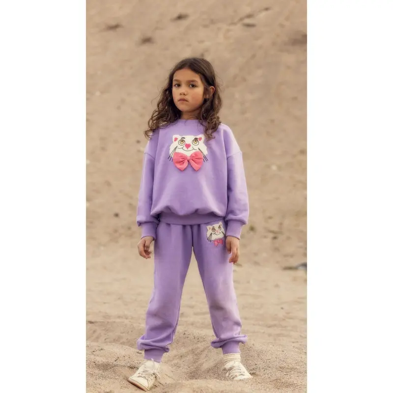 Mini Rodini Purple Cat With Bowtie Chenille Sweatpants 2
