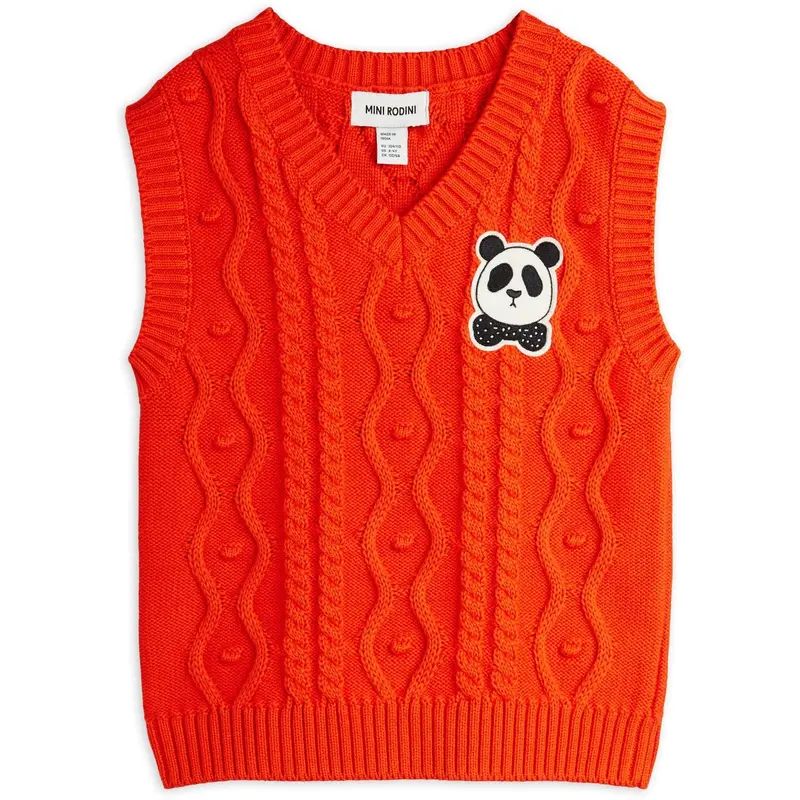 Mini Rodini Red Panda Patch Cable Knit V-Neck Slipover 1