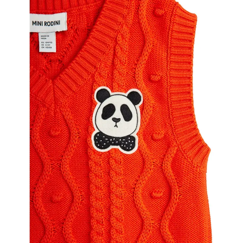 Mini Rodini Red Panda Patch Cable Knit V-Neck Slipover 2