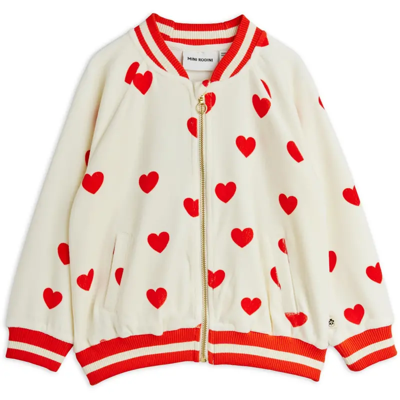 Mini Rodini White Hearts Aop Velour Baseball Cardigan 1