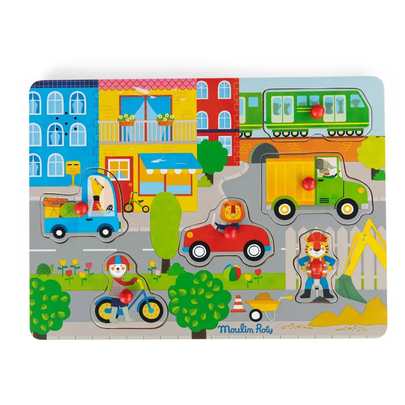 Moulin Roty Knob Puzzle With Sound 6 Fractions - The City - Les Popipop 1