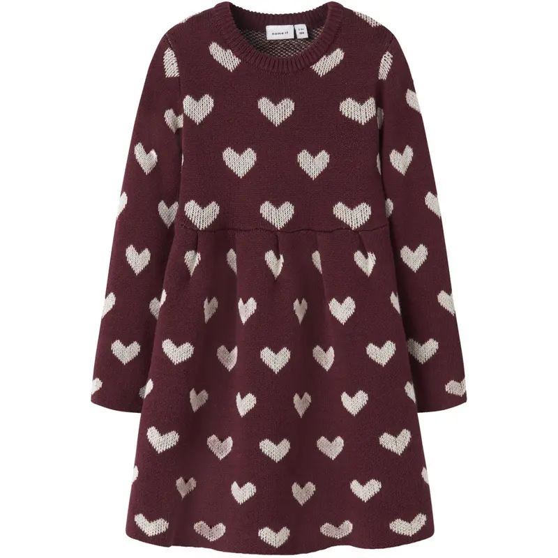 Name It Burgundy Peyote Heart Nmfoana Ls Knit Dress 1