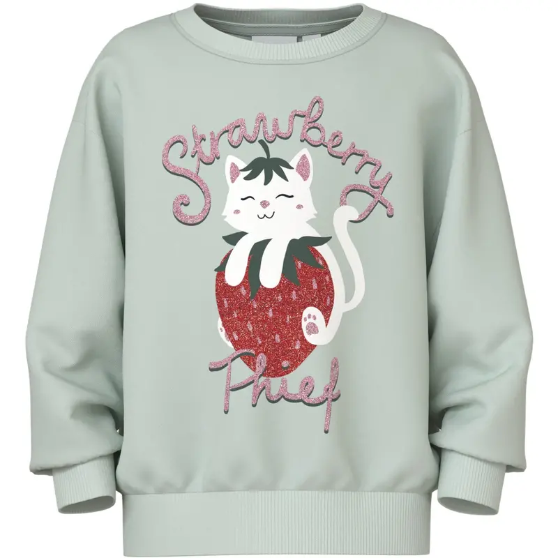Name It Pale Aqua Strawberry Cat Nmfvisus Ls Rlx Sweat Unb 1