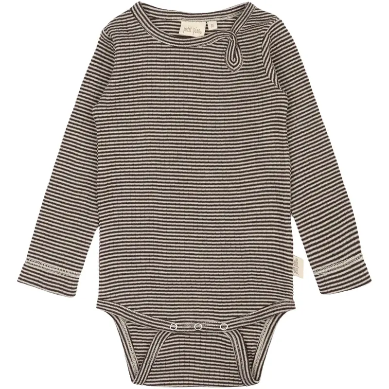 Petit Piao Coffee Bean/Dark Off White Ppdante Body L/S Merino Wool Striped 1