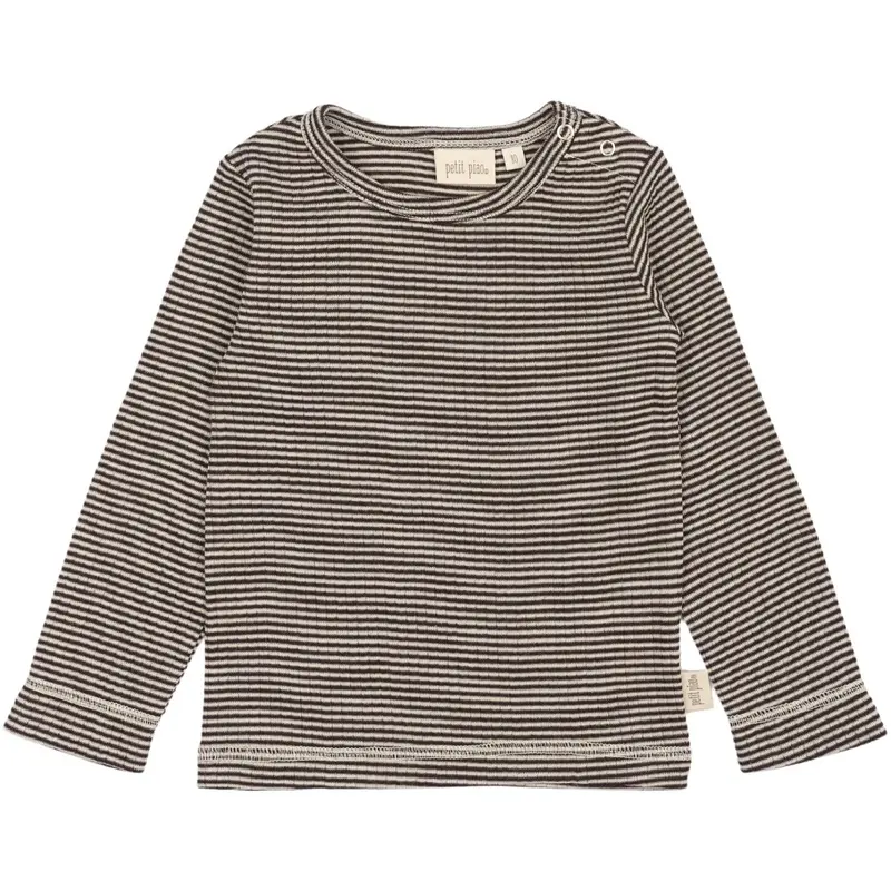 Petit Piao Coffee Bean/Dark Off White Ppdante T-Shirt L/S Meriono Wool Striped 1