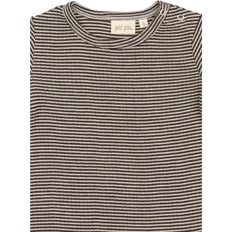 Petit Piao Coffee Bean/Dark Off White Ppdante T-Shirt L/S Meriono Wool Striped 2