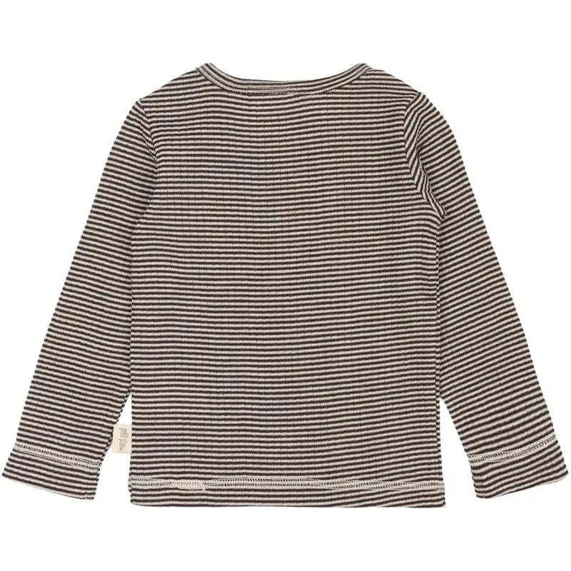 Petit Piao Coffee Bean/Dark Off White Ppdante T-Shirt L/S Meriono Wool Striped 3