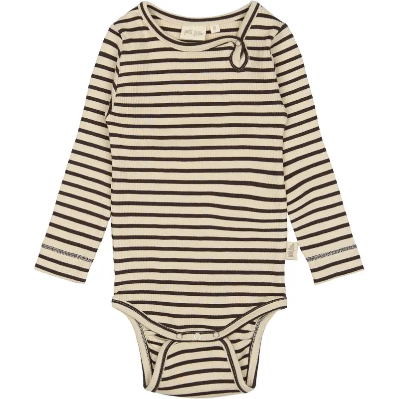 Petit Piao Coffee Bean/Off White Body L/S Modal Striped 1