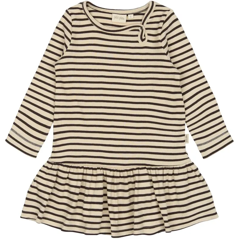Petit Piao Coffee Bean/Off White Dress L/S Modal Striped 1