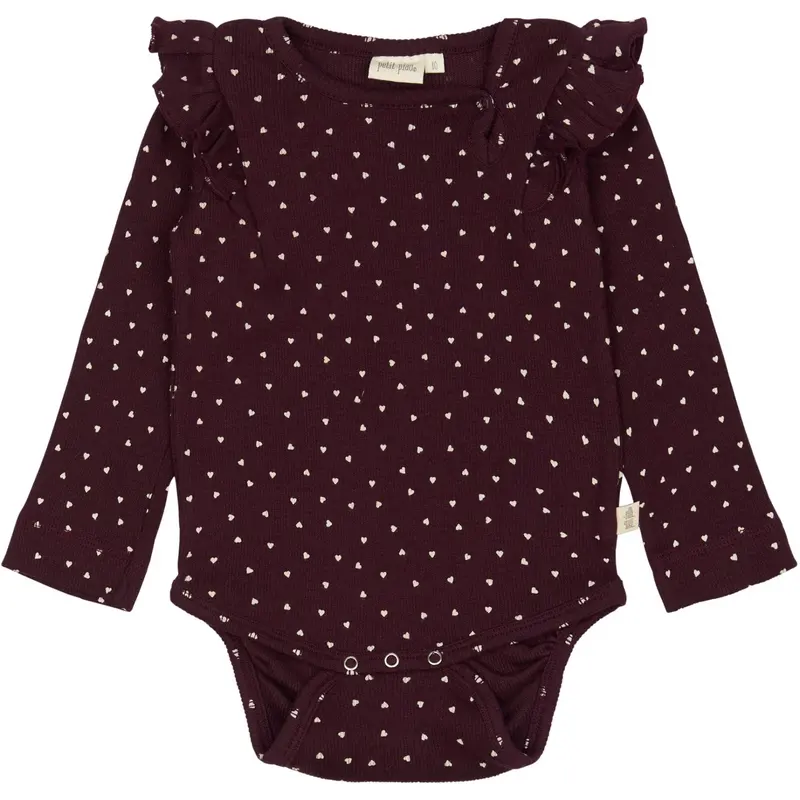 Petit Piao Dark Grape/White Body L/S Frill Modal Heart 1