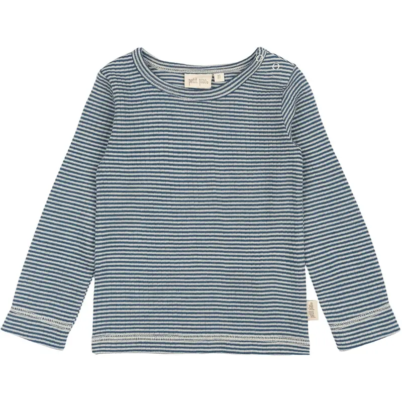 Petit Piao Ensign Blue/Dark Off White Ppdante T-Shirt L/S Meriono Wool Striped 1