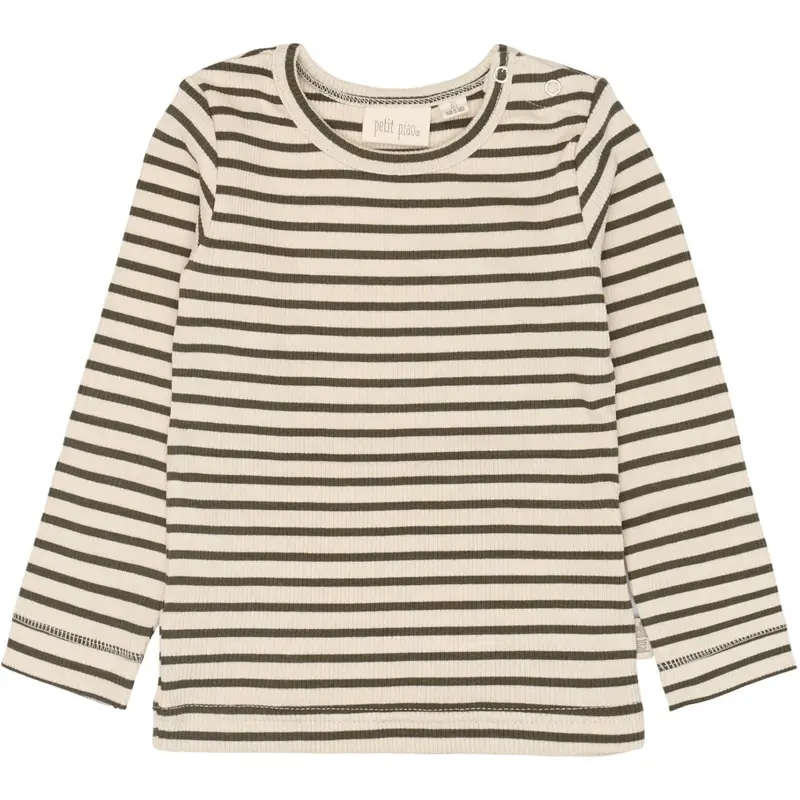 Petit Piao Green Leaf/Off White T-Shirt L/S Modal Striped 1