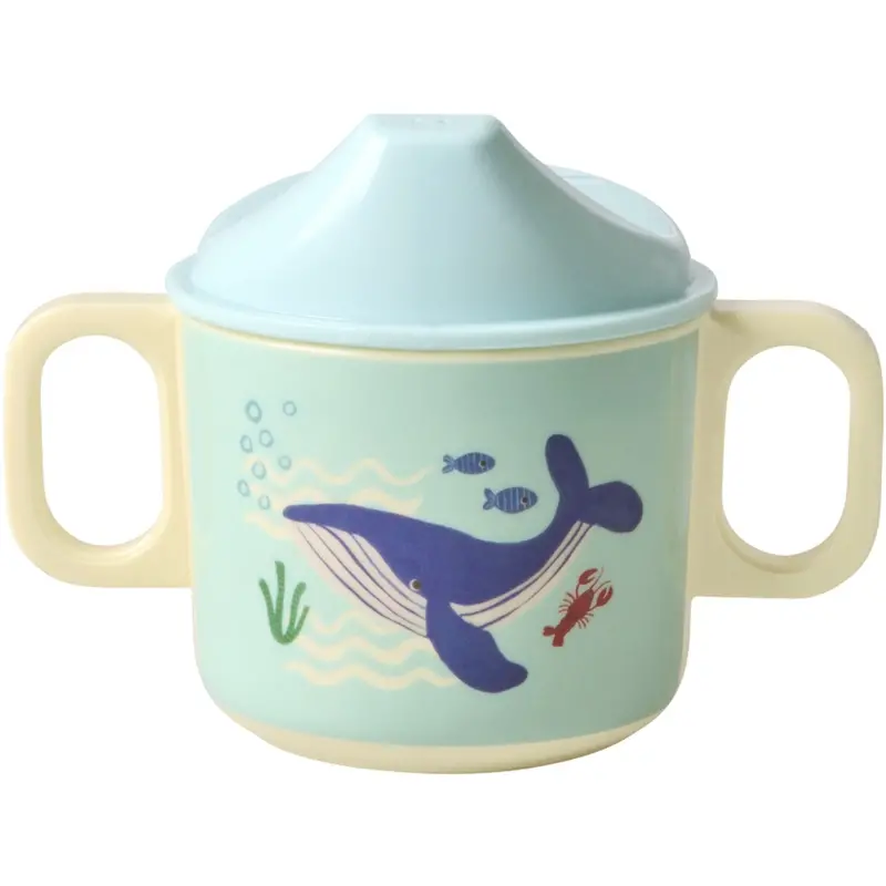 Rice Blue Ocean Print Melamine 2 Handle Baby Cup With Lid 250 Ml 1