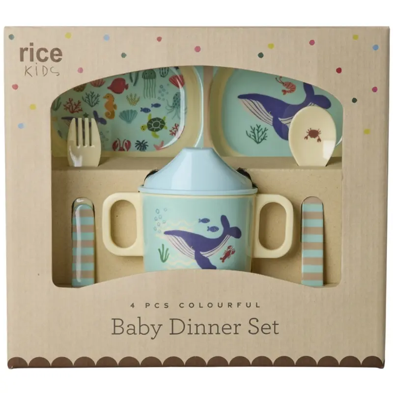 Rice Melamine Baby Dinner Set In Gift Box - Blue Ocean Print - 4 Pcs 1