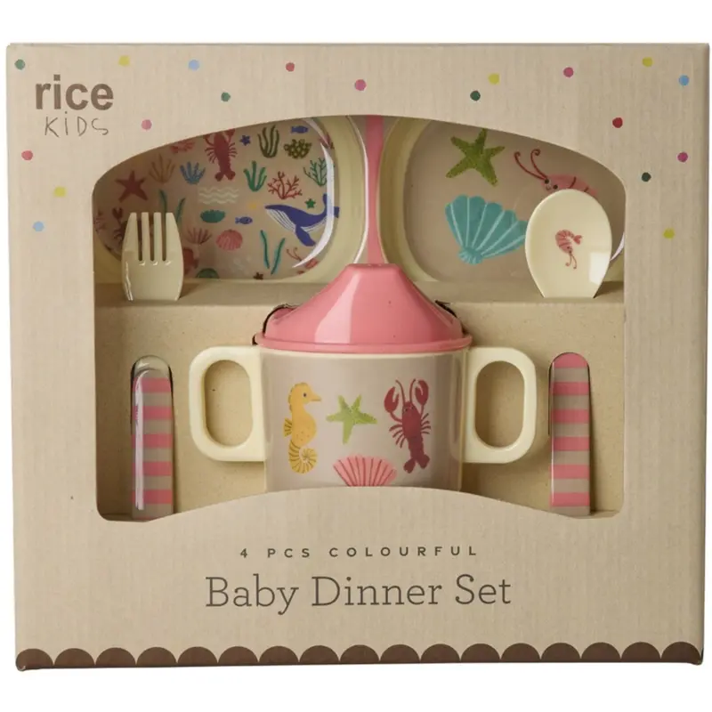 Rice Melamine Baby Dinner Set In Gift Box - Coral Ocean Print - 4 Pcs 1