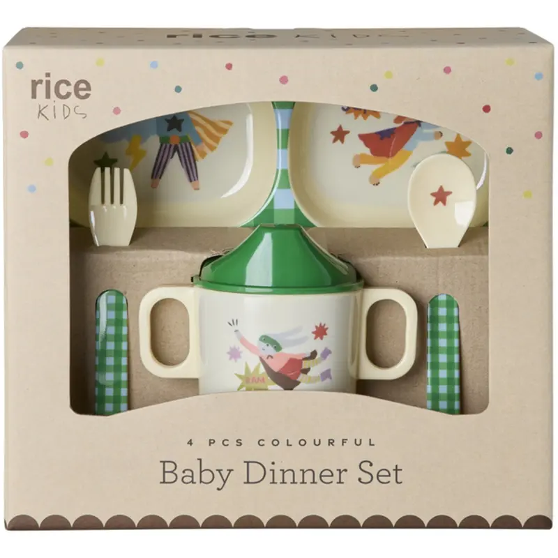 Rice Melamine Baby Dinner Set In Giftbox - Hero Print - Green - 4 Pcs 1
