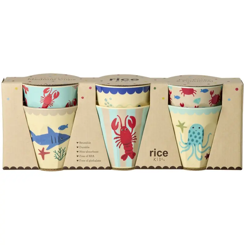 Rice Melamine Cups With Blue Ocean Prints - Medium - 6 Pack - 250 Ml 1