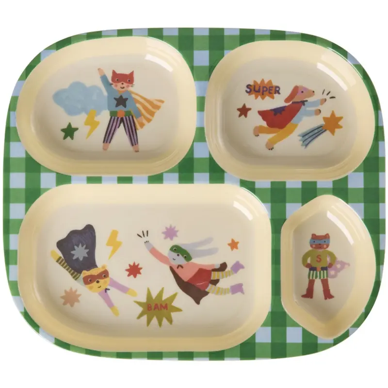 Rice Melamine Kids 4 Room Plate With Hero Print - Green 1