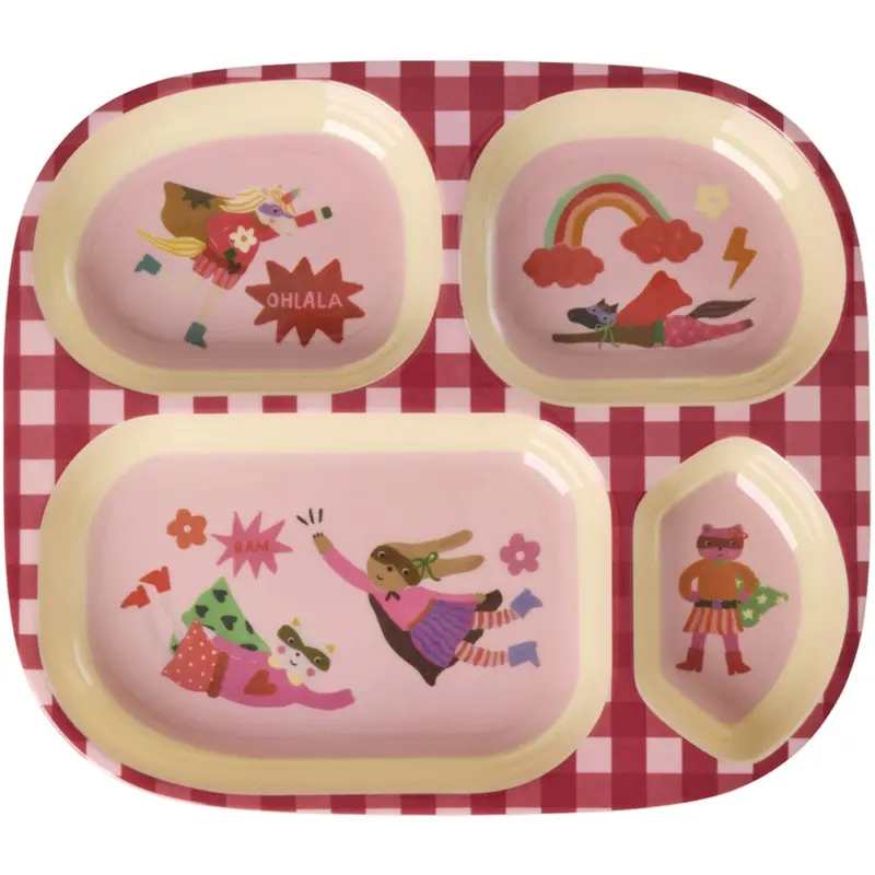 Rice Melamine Kids 4 Room Plate With Hero Print - Pink 1