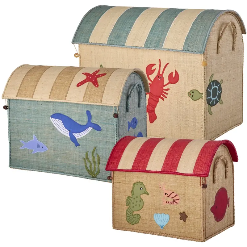 Rice Ocean Theme Raffia Toy Baskets Set Of 3 1