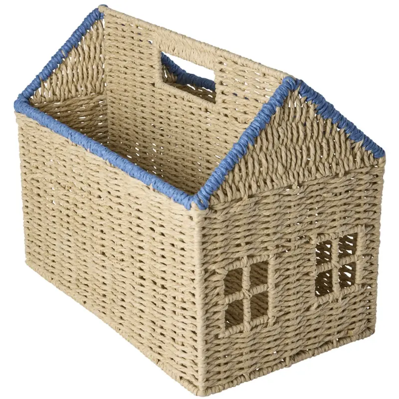 Rice Paper Rope Magazine Holder In House Shape With Blue Details 1