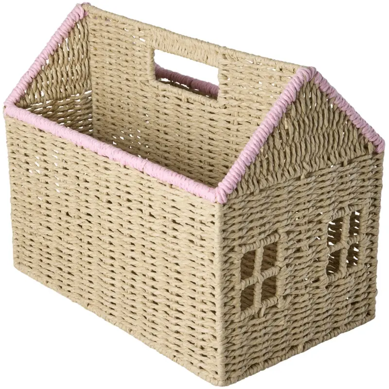Rice Paper Rope Magazine Holder In House Shape With Pink Details 1