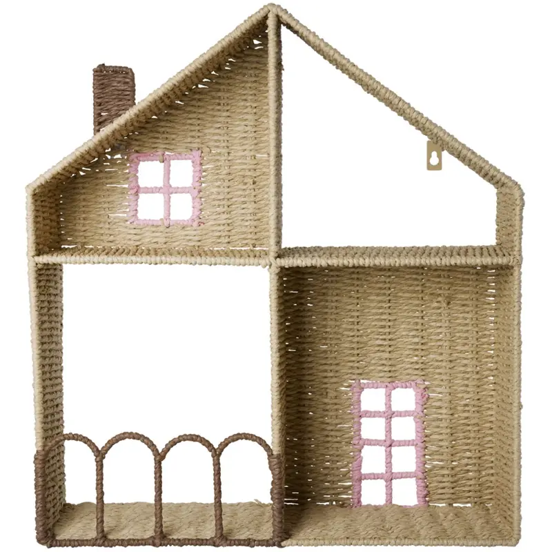 Rice Paper Rope Shelf In House Shape With Pink Details 1