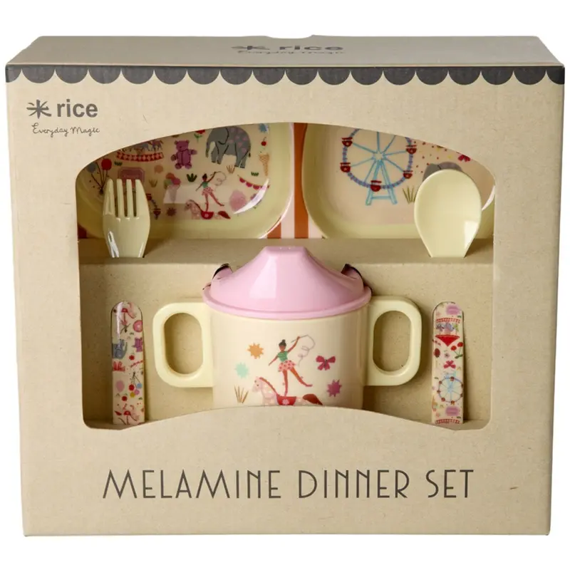 Rice Pink Fun Fair Print Melamine Baby Dinner Set In Gift Box 4 Pcs 1