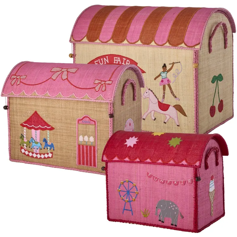 Rice Pink Fun Fair Theme Raffia Toy Baskets 3-Pack 1