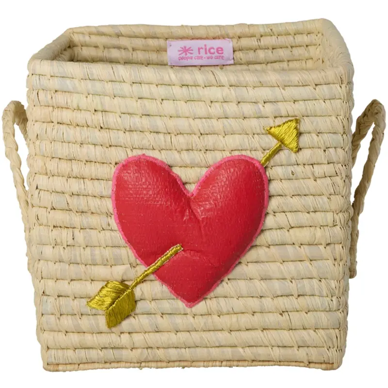 Rice Raffia Square Basket With 3D Heart And Raffia Handles - Small 1