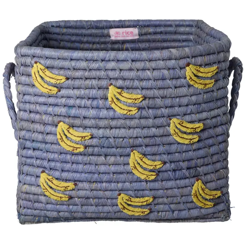 Rice Raffia Square Basket With Bananas All Over Embroidery And Raffia Handles 1