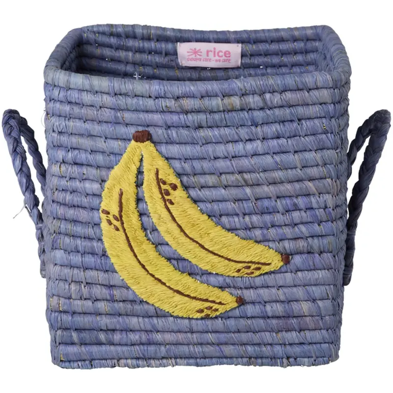 Rice Raffia Square Basket With Big Banana Embroidery And Raffia Handles - Small 1