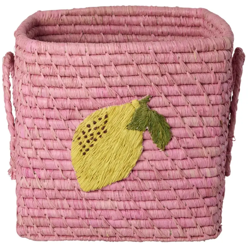 Rice Raffia Square Basket With Big Lemon Embroidery And Raffia Handles - Small 1