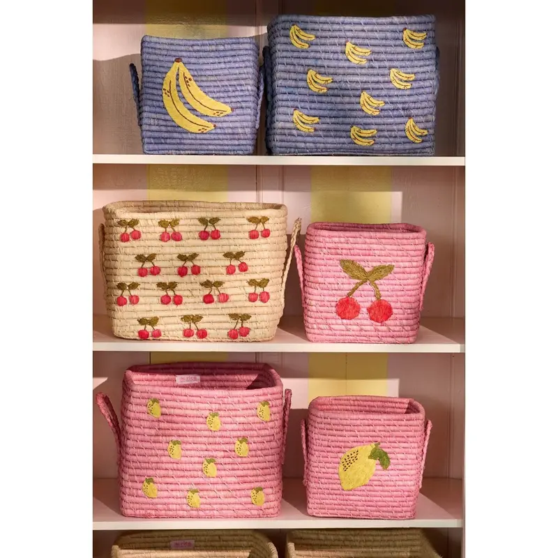 Rice Raffia Square Basket With Big Lemon Embroidery And Raffia Handles - Small 2