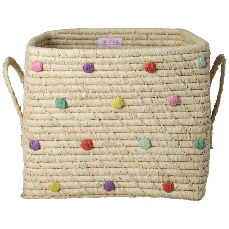 Rice Raffia Square Basket With Dots In Glory Days Colors 1