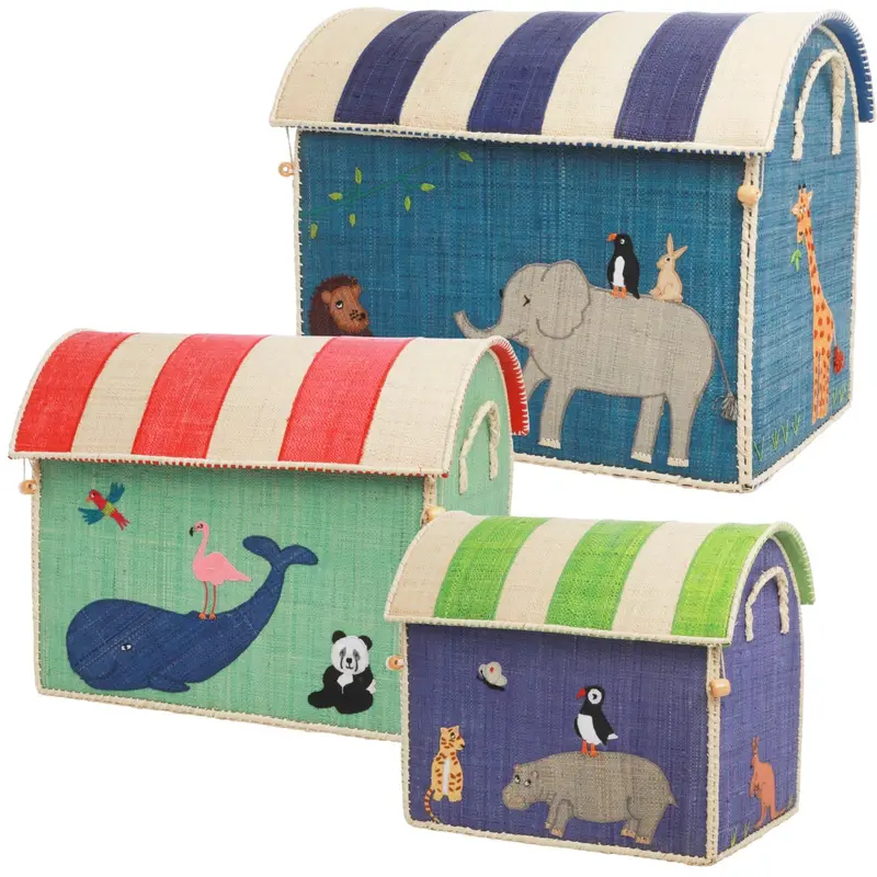 Rice Raffia Toy Baskets With Animal Theme - Set Of 3 1