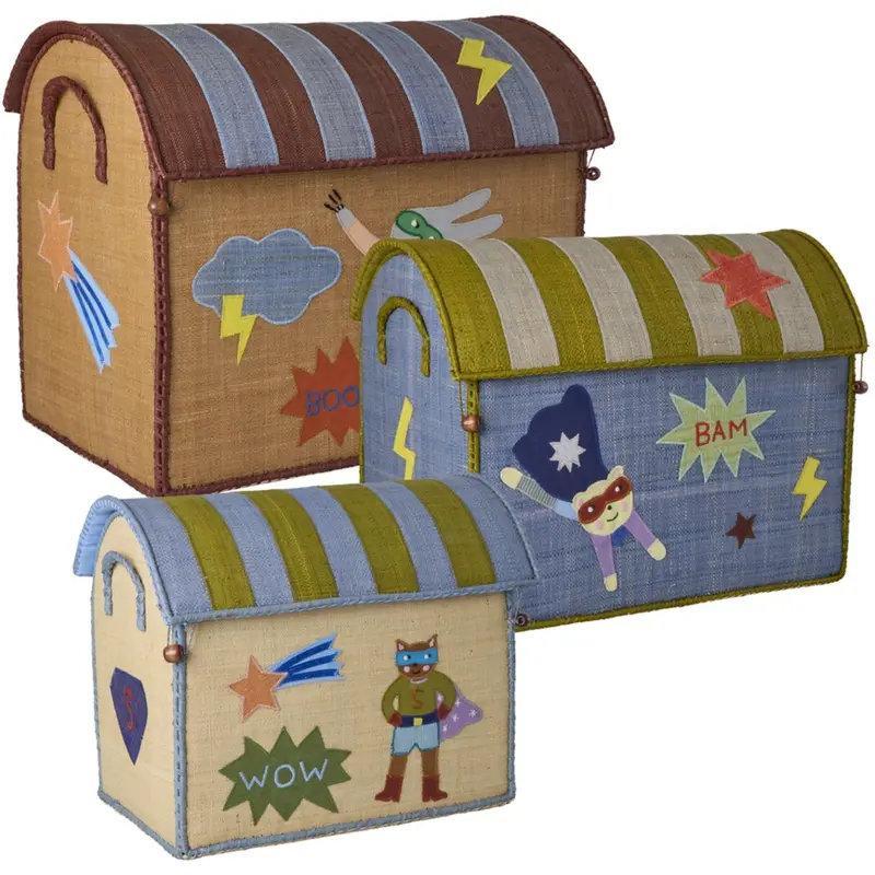 Rice Raffia Toy Baskets With Hero Theme - Blue - Set Of 3 1