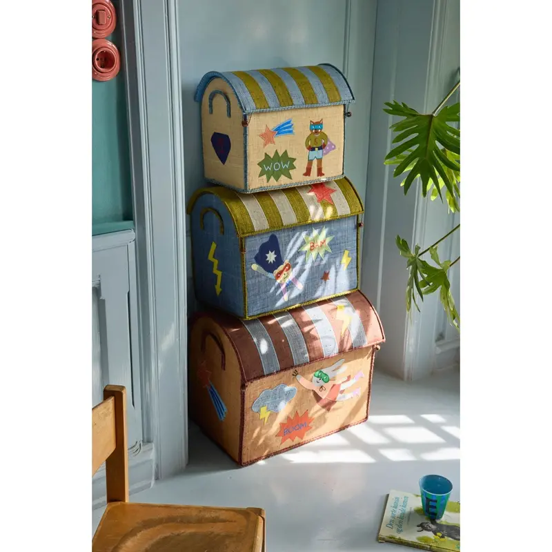 Rice Raffia Toy Baskets With Hero Theme - Blue - Set Of 3 2