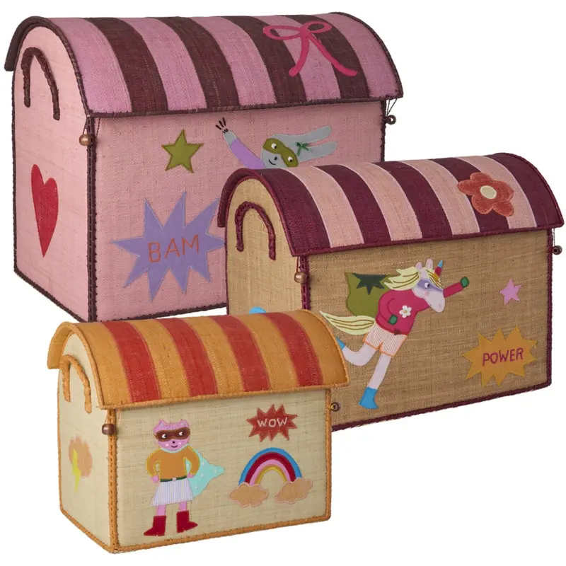 Rice Raffia Toy Baskets With Hero Theme - Pink - Set Of 3 1