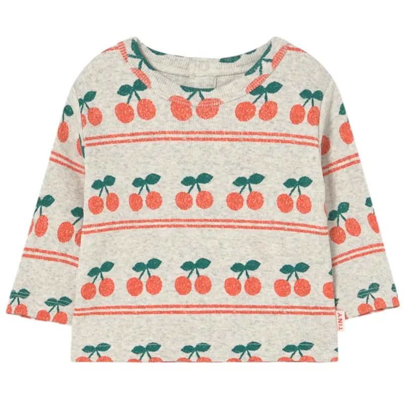 Tinycottons Light Cream Cherry Pattern Rib Baby T-Shirt 1