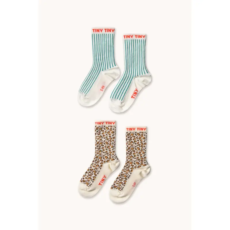 Tinycottons Light Cream/Off White Animal Print & Fine Stripes Medium Socks 1