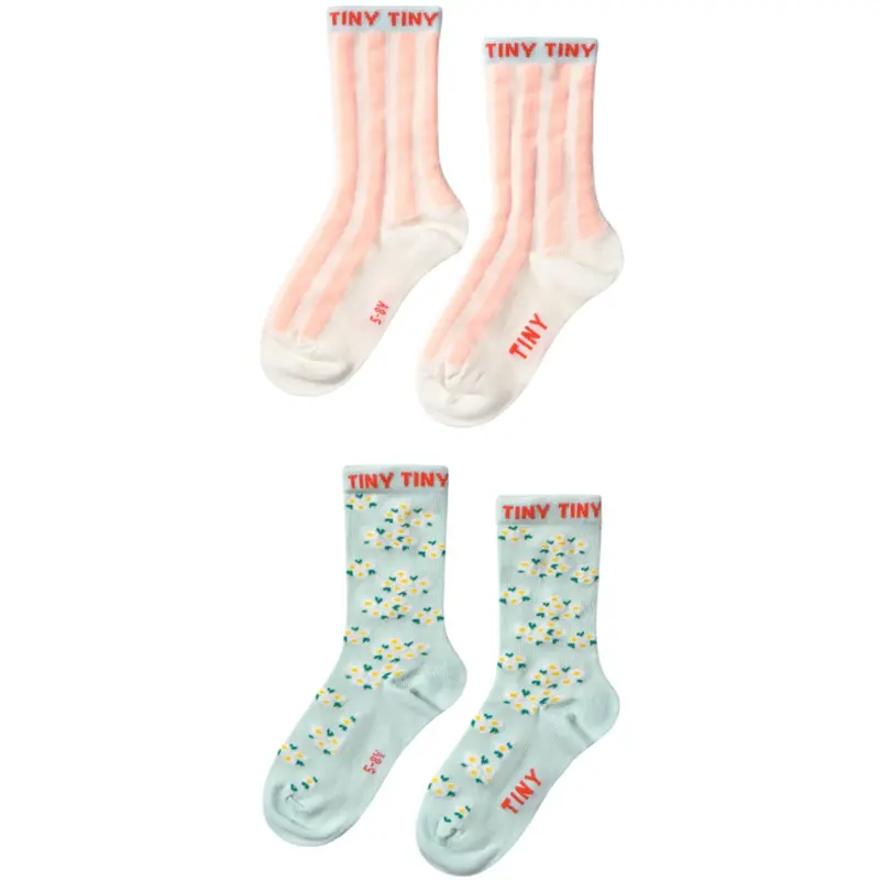 Tinycottons Pale Mint/Off White Pink Stripes & Blossom Medium Socks 1