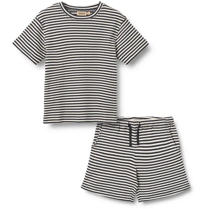 Wheat Navy Rib Stripe Set T-Shirt S/S & Shorts Fabian 1