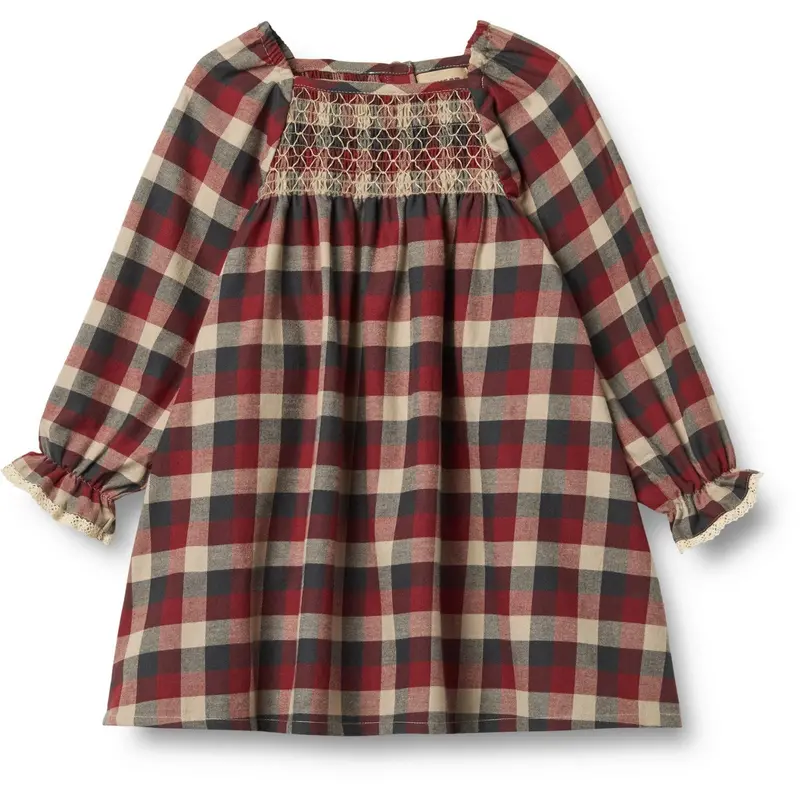 Wheat Red Blue Check Dress L/S Lace Bella 1