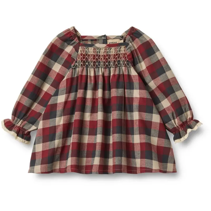Wheat Red Blue Check Dress L/S Lace Bella 1